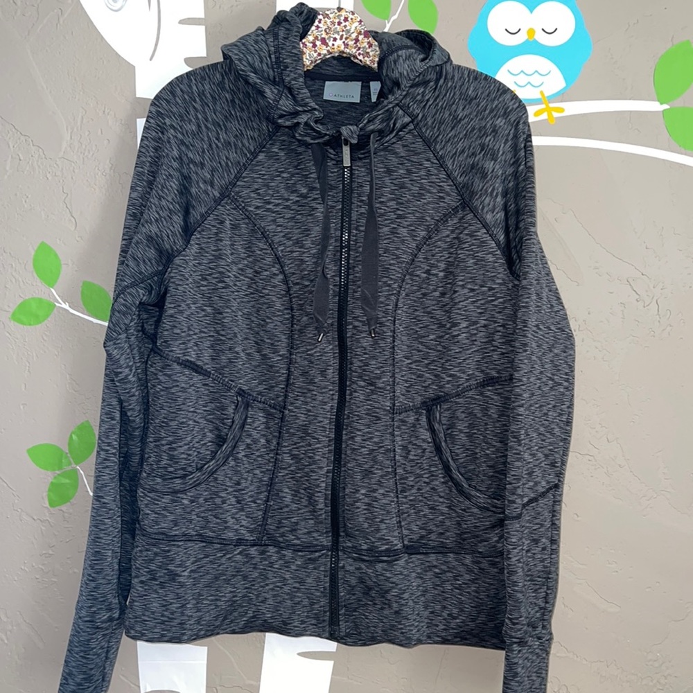 Athleta black/ grey zip sweatshirt with hood. Length 24” chest 21”